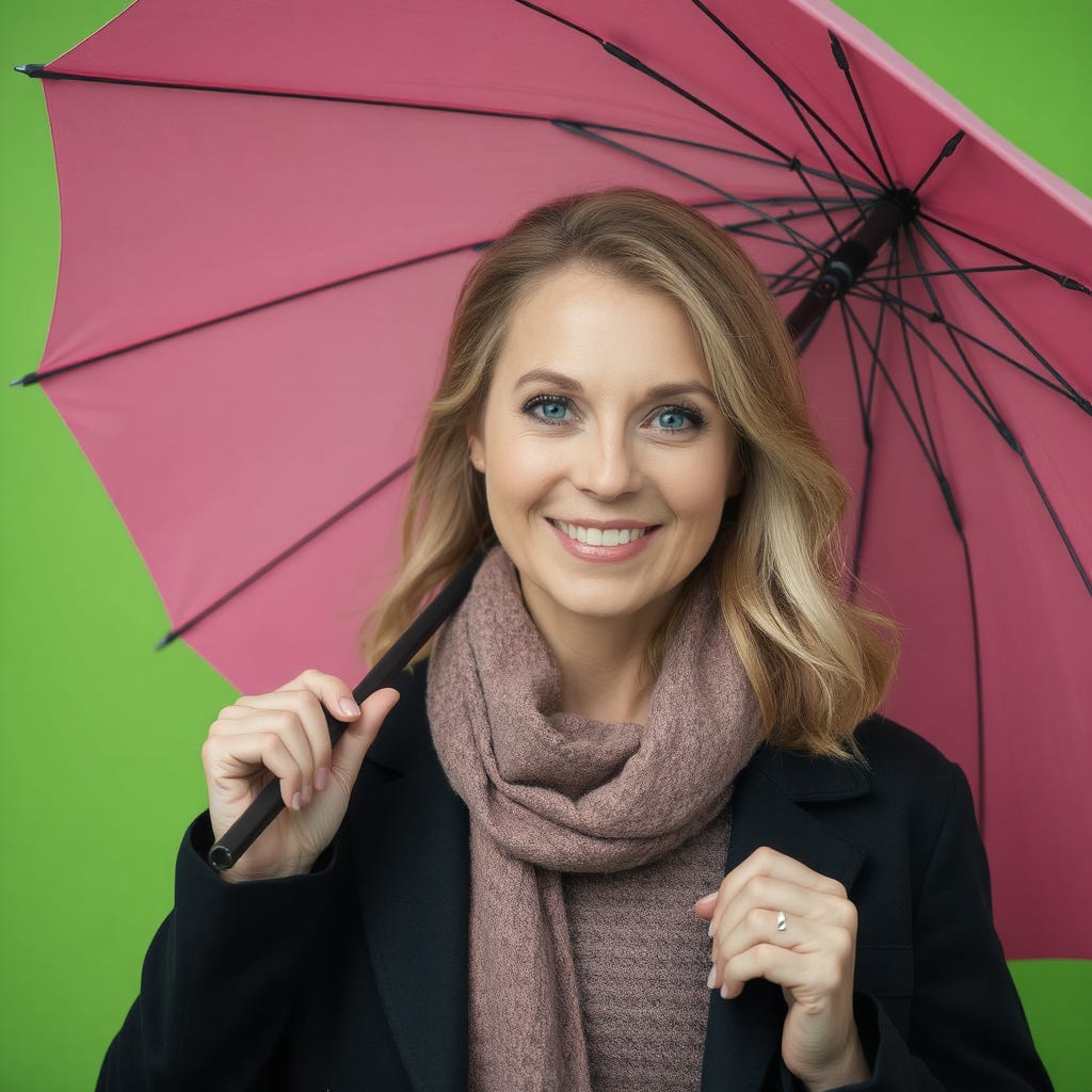 Portrait of a beautiful happy 30-year-old Swedish woman wearing modern clothes, holding a contrasting umbrella isolated on a vivid contrasting light green background with space. High-quality Portrait of a beautiful happy 30-year-old Swedish woman wearing modern clothes, holding a contrasting umbrella isolated on a vivid contrasting light green background with space. High-quality