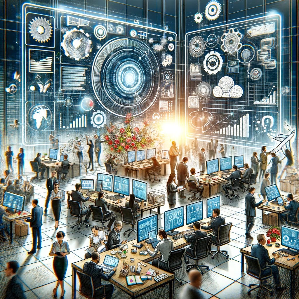 A detailed and dynamic illustration depicting the concept of product operations management in a modern corporate setting. The image should show a bustling office environment with a diverse group of professionals working collaboratively. In the center, a large digital dashboard displays real-time data and analytics. Around the dashboard, team members, including engineers, marketers, and managers, are engaged in discussions, planning, and problem-solving. The setting should include elements like computers, whiteboards filled with diagrams, and sticky notes with ideas and tasks. The overall atmosphere should convey a sense of urgency and efficiency, highlighting the crucial role of product operations in driving business success.