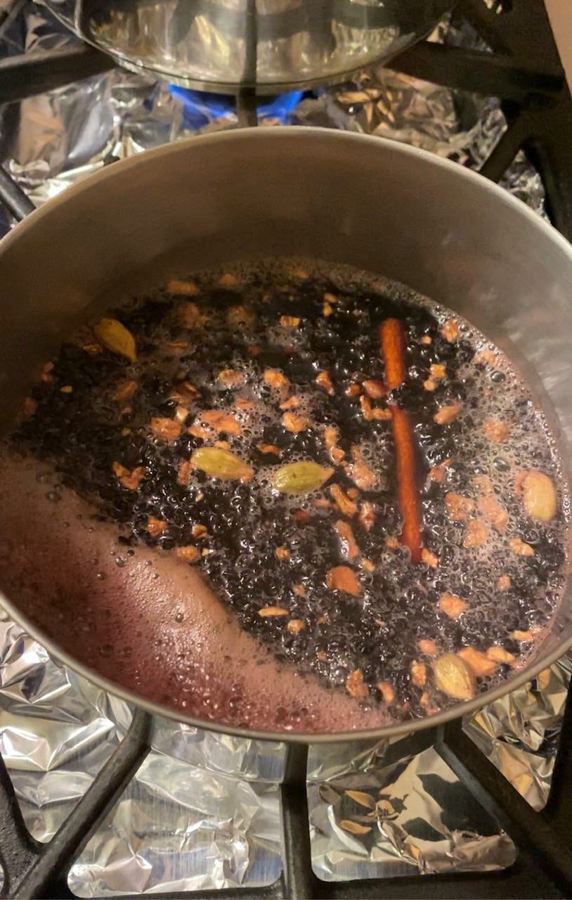 Simmer the elderberry juice mixture for 30 minutes. Simmer the elderberry juice mixture for 30 minutes.