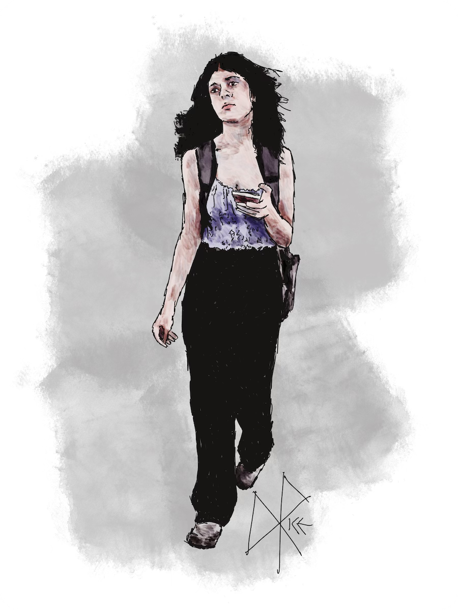 Walking alone, and deep in her thoughts, a young woman strolls through campus with her books in her backpack and her phone at the ready. Sketch art by Don Rice. Walking alone, and deep in her thoughts, a young woman strolls through campus with her books in her backpack and her phone at the ready. Sketch art by Don Rice.