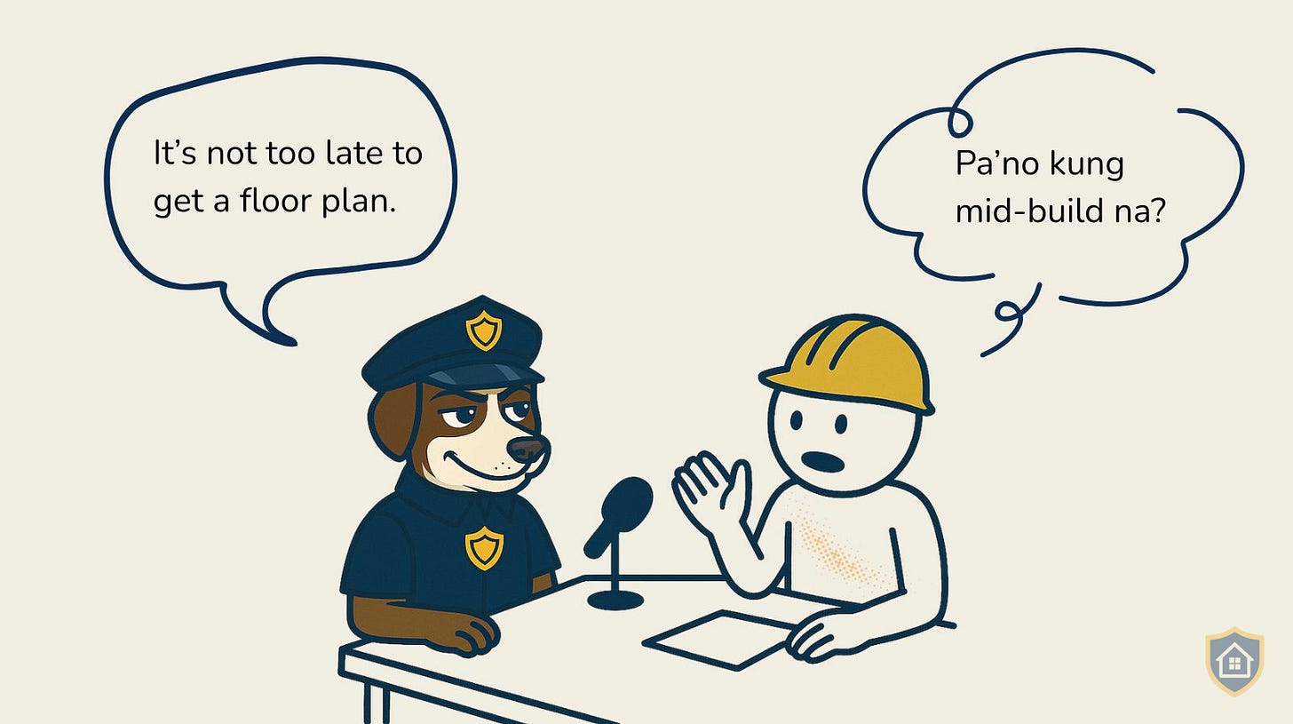 Inspector Milo, a brown dog in a navy police uniform with a shield badge, sits at a table with a microphone facing Pedro, a stick figure homeowner with a yellow hard hat and visible bandages. Pedro asks in Taglish, "Pa'no kung mid-build na?" Milo responds, "It's not too late to get a floor plan."
