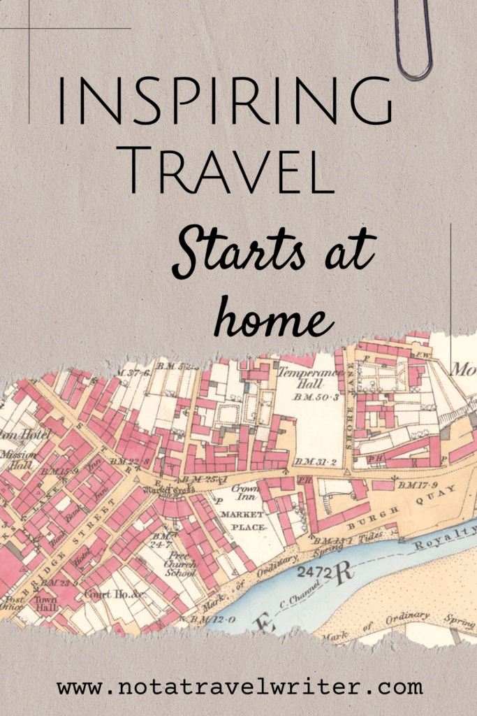 With a cutaway design revealing an old, 1800s map of the town of Wick, Caithness, and the headline Inspiring Travel Starts at Home, this is an image designed to be added to Pinterest.