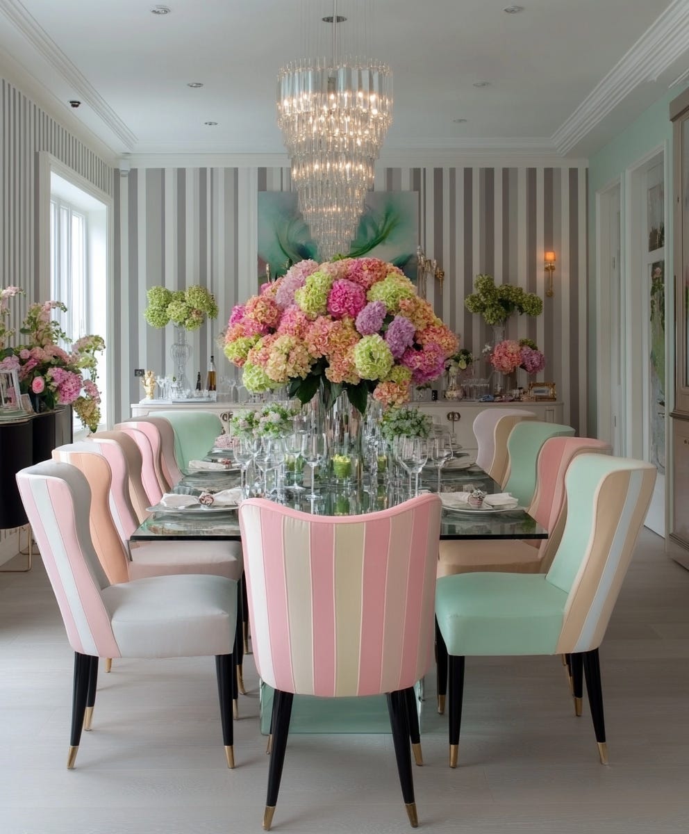 stunning modern Victorian dining room with dining chairs in pastel stripes, colourful hydrangeas in a vase, plush design interiors adelaide