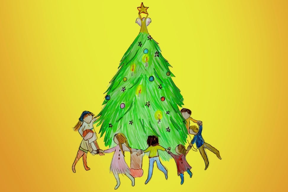illustration of children dancing round a christmas tree on a yellow background