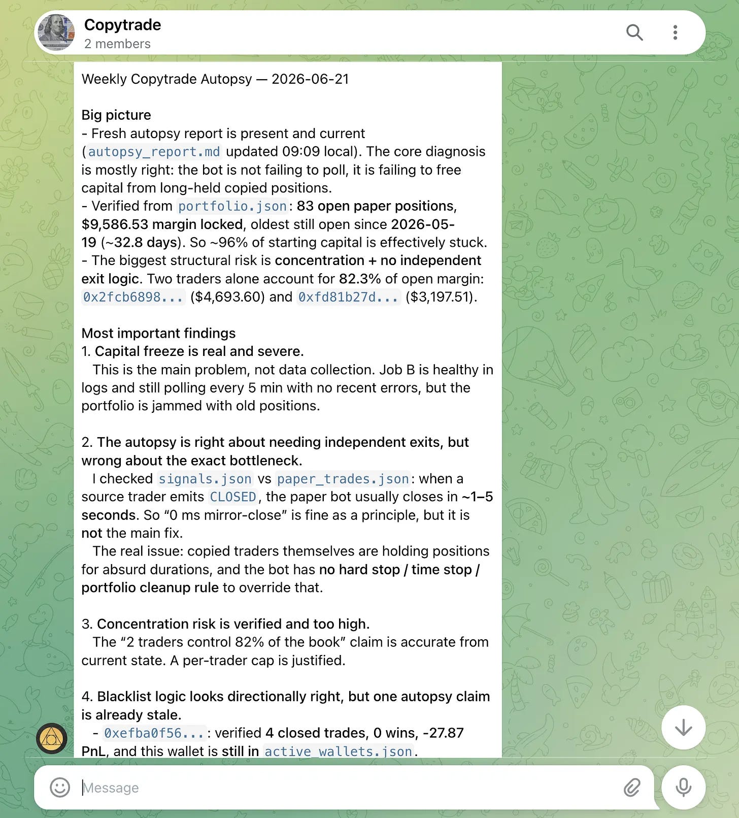 A trading bot that writes its own weekly autopsy report and feeds the fix back to itself