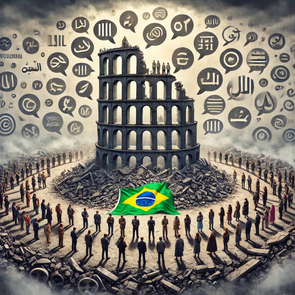A symbolic scene showing the remnants of a crumbled Tower of Babel in the background, partially obscured by mist. In the foreground, groups of people from different cultures are gathered in circles, each trying to communicate, represented by chaotic speech bubbles in various languages and symbols (Latin, Cyrillic, Arabic, etc.). A Brazilian flag lies partially buried among the rubble, connecting the scene to Brazil. The atmosphere is dramatic with a cloudy, gray sky, emphasizing confusion and miscommunication.