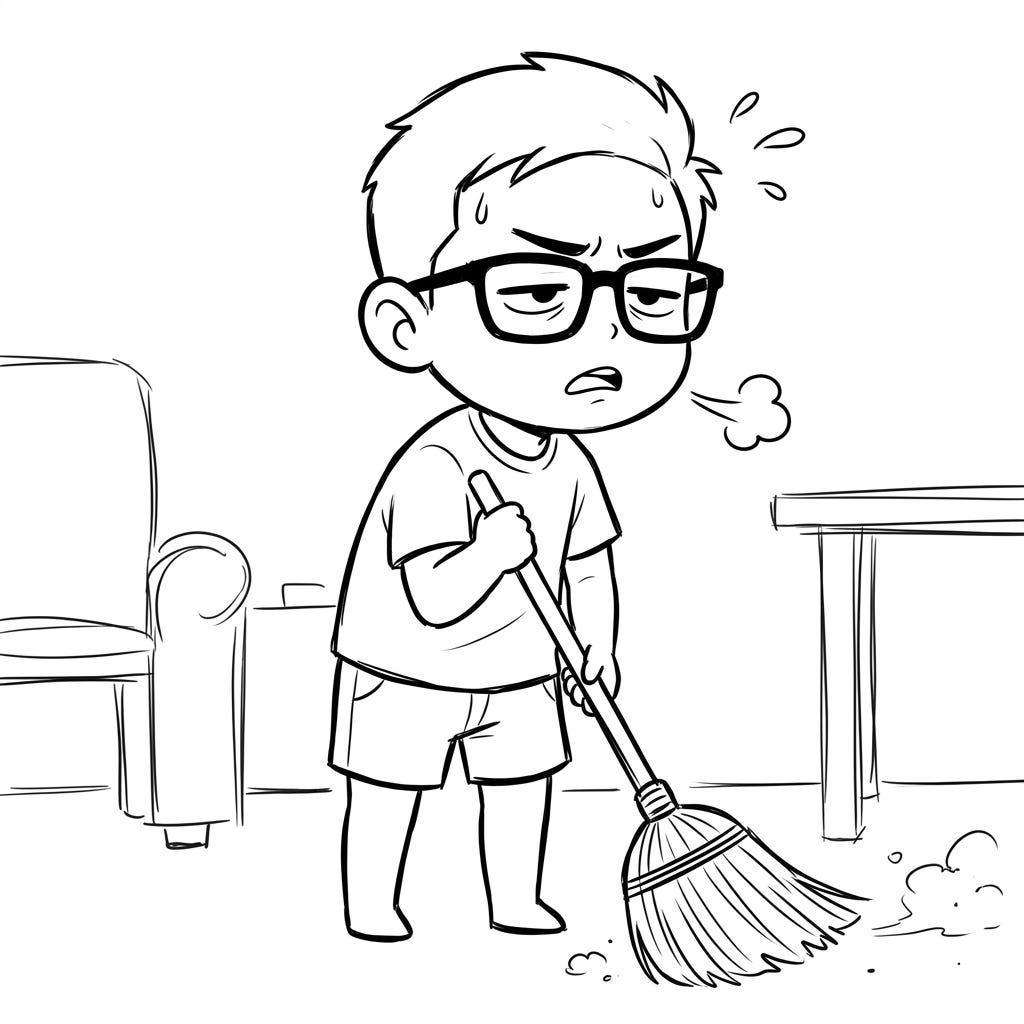 Boy sweeping, bemoaning the chore. Boy sweeping, bemoaning the chore.