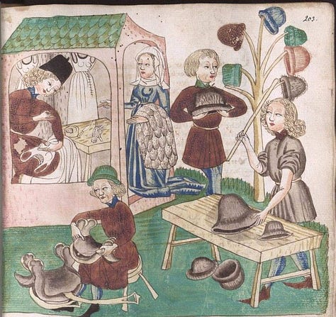Medieval illustrations showing women participating in skilled craft production and household industries before industrialization.