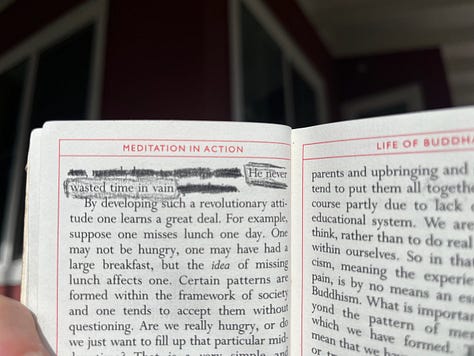 Crossed out words in a book with boxes around select words to form a poem