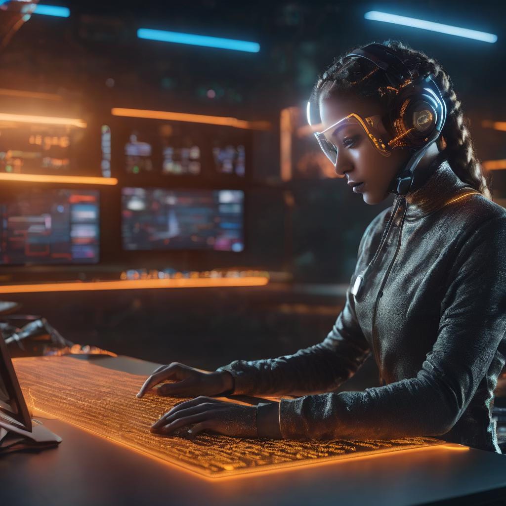 Image depicting a software developer in a futuristic environment