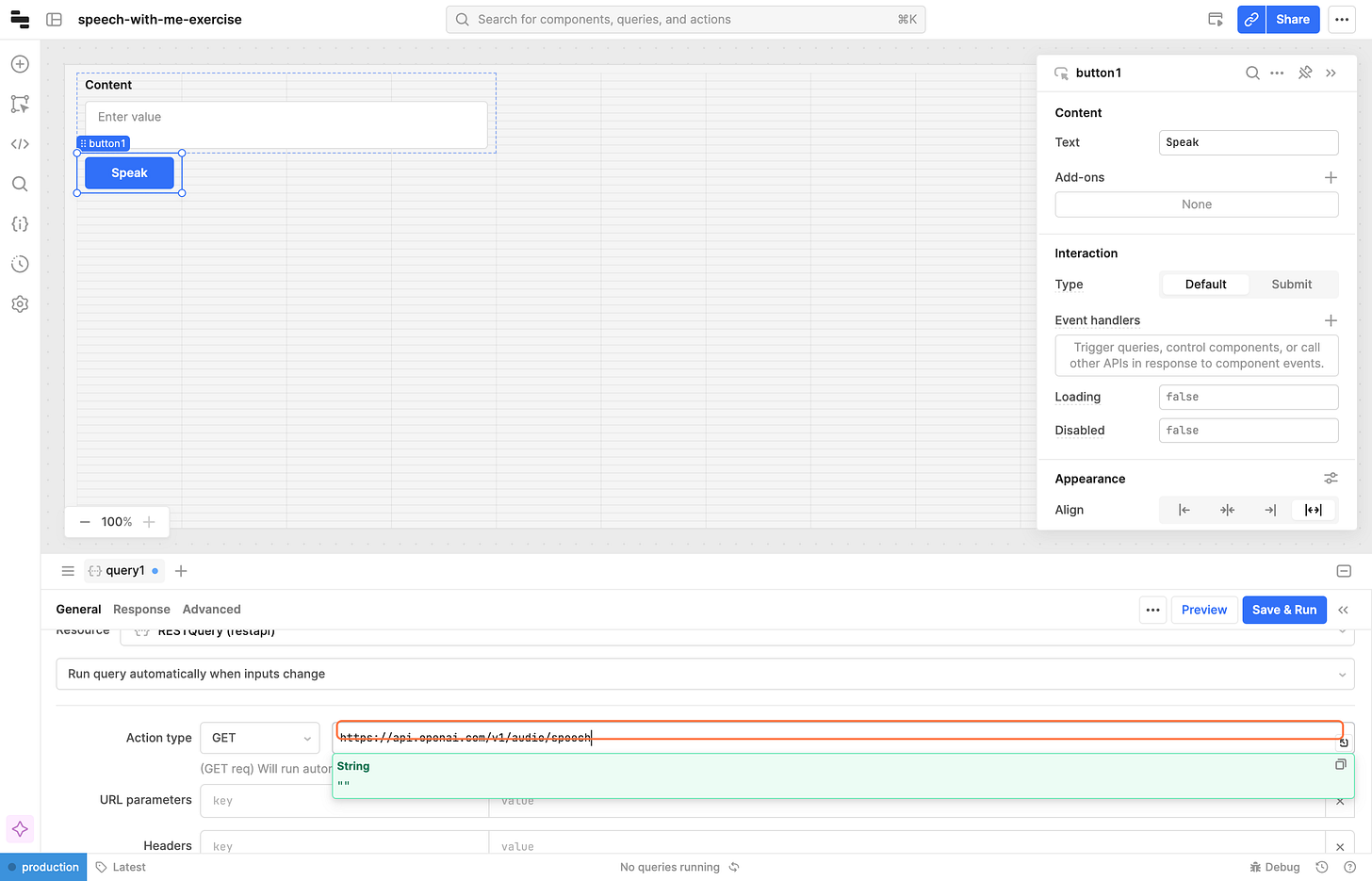 Paste "https://api.openai.com/v1/audio/speech" into text area