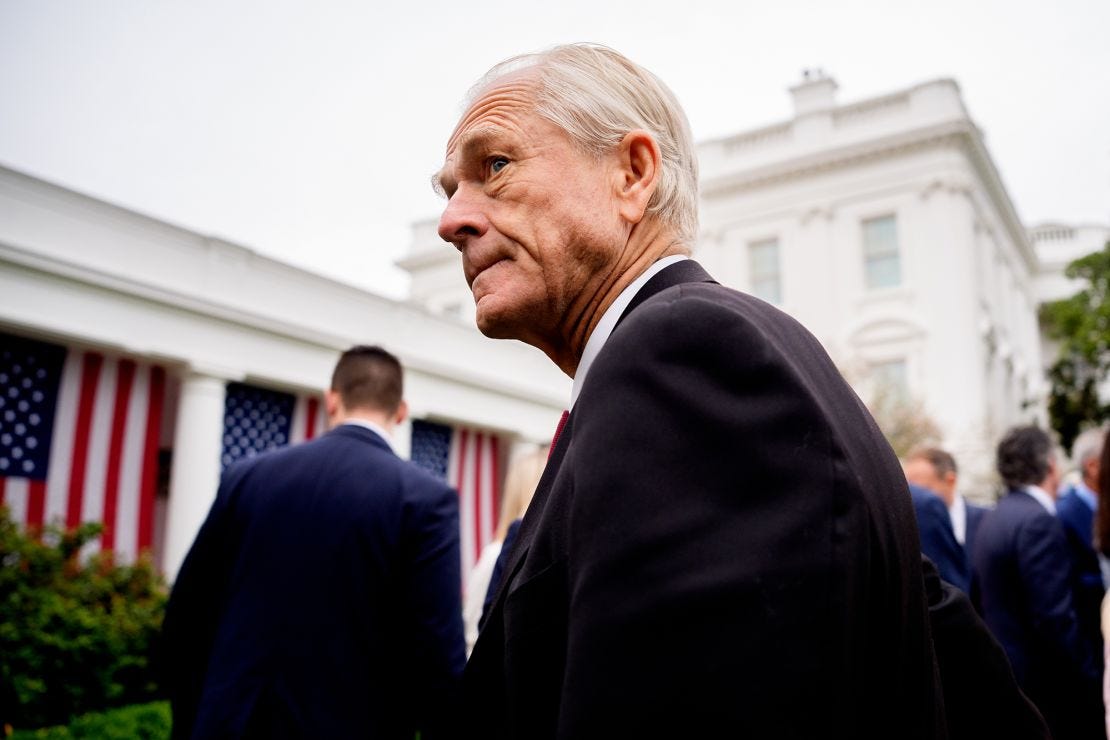 Trade advisor to U.S. President Donald Trump Peter Navarro departs after U.S. President Donald Trump signs executive orders imposing tariffs on April 2, 2025.