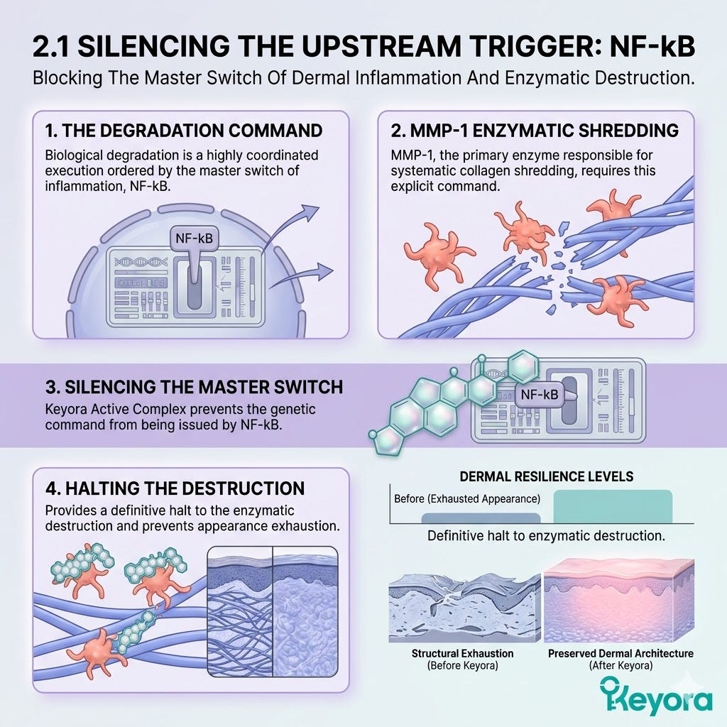NF-kB Silencing inhibits MMP-1 enzymatic destruction to arrest the Neuro-Endocrine Storm and secure Dermal Sovereignty through structural resilience. NF-kB Silencing inhibits MMP-1 enzymatic destruction to arrest the Neuro-Endocrine Storm and secure Dermal Sovereignty through structural resilience.