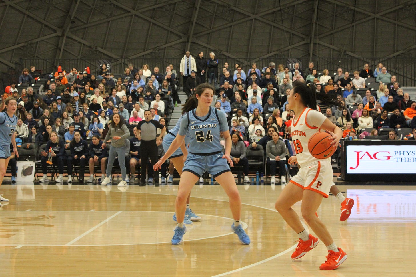 Columbia’s Riley Weiss guards Princeton’s Ashley Chea on Feb. 22, 2025. (Photo by Adam Zielonka)