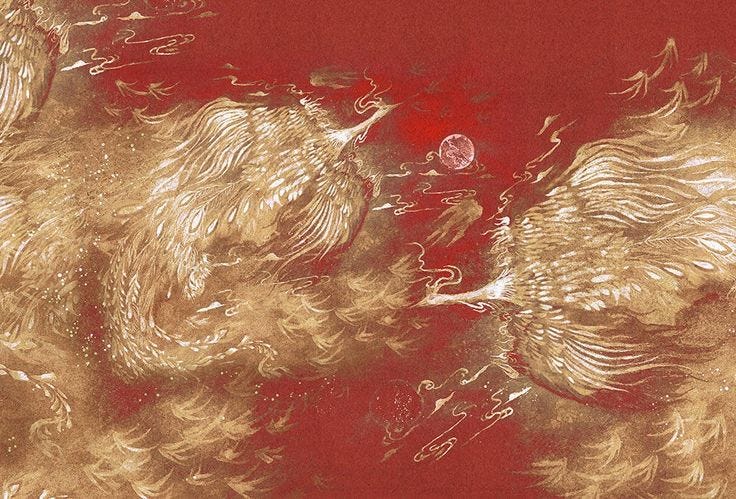 This may contain: an abstract painting with gold and red colors on a red background that looks like feathers
