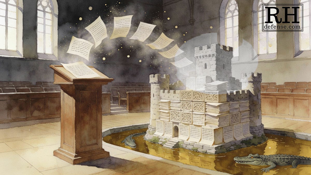 A lectern facing a small castle made of stacked documents, surrounded by a moat with alligators, set inside an empty courtroom.