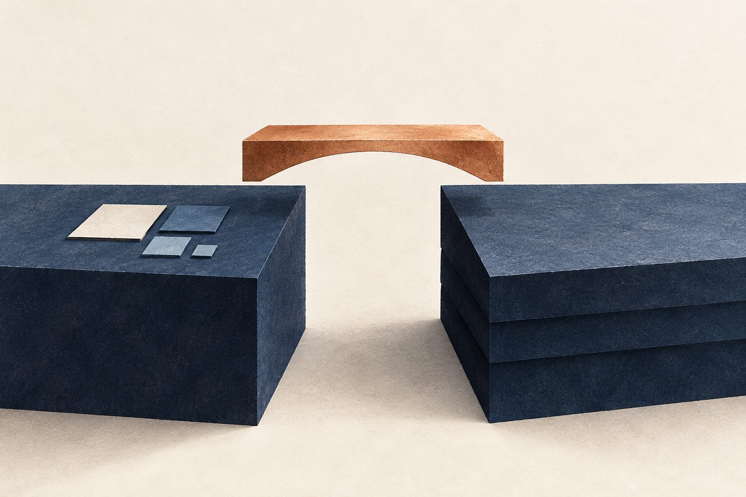 A copper bridge section suspended above a gap between two navy blocks. A copper bridge section suspended above a gap between two navy blocks.