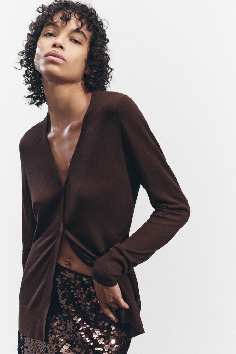 Zara BUTTONED KNIT CARDIGAN - Brown - Image 4