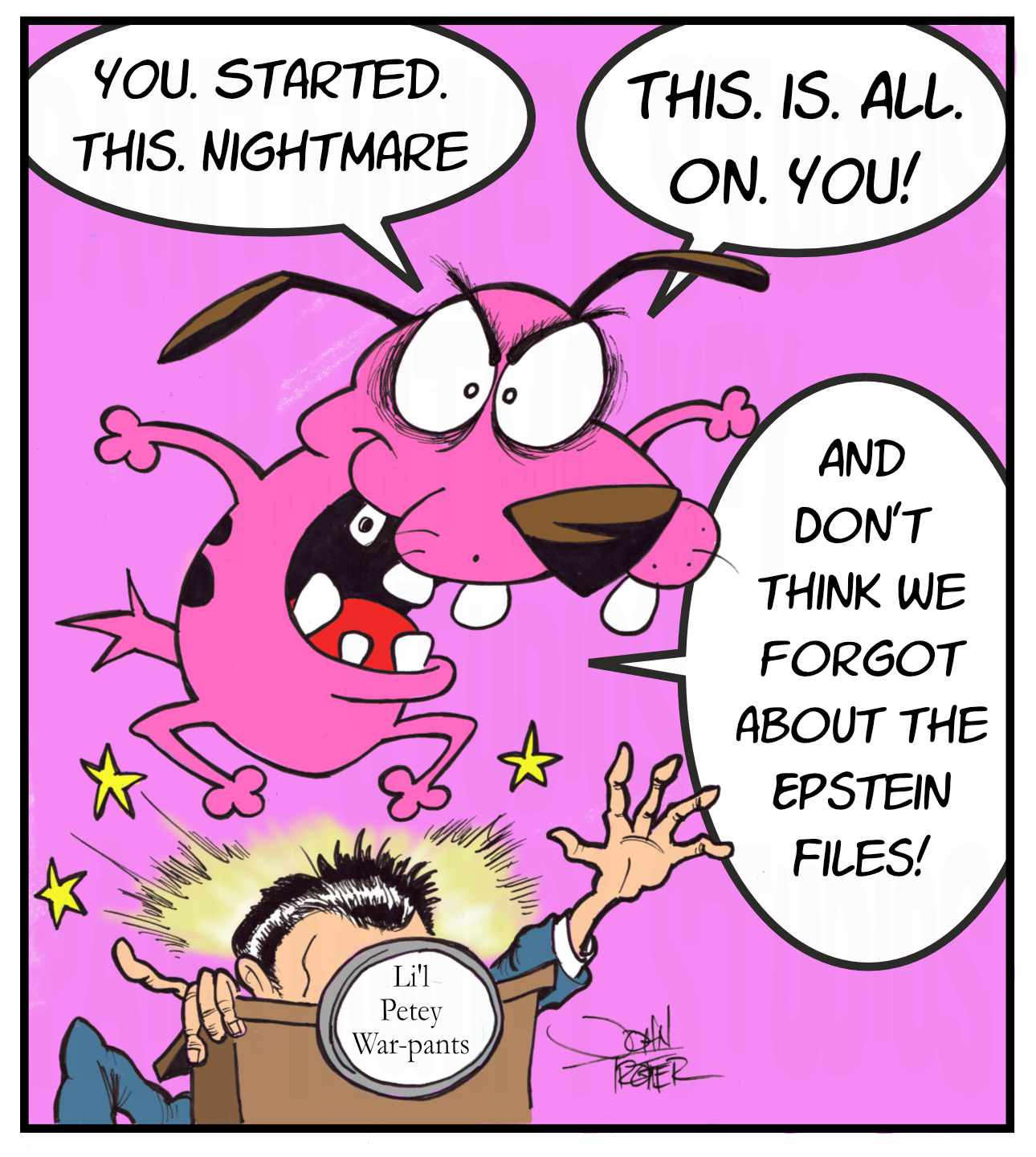 Ink and digital cartoon of Courage the Cowardly Dog jumping on the head of Li'l Petey War-Pants.
