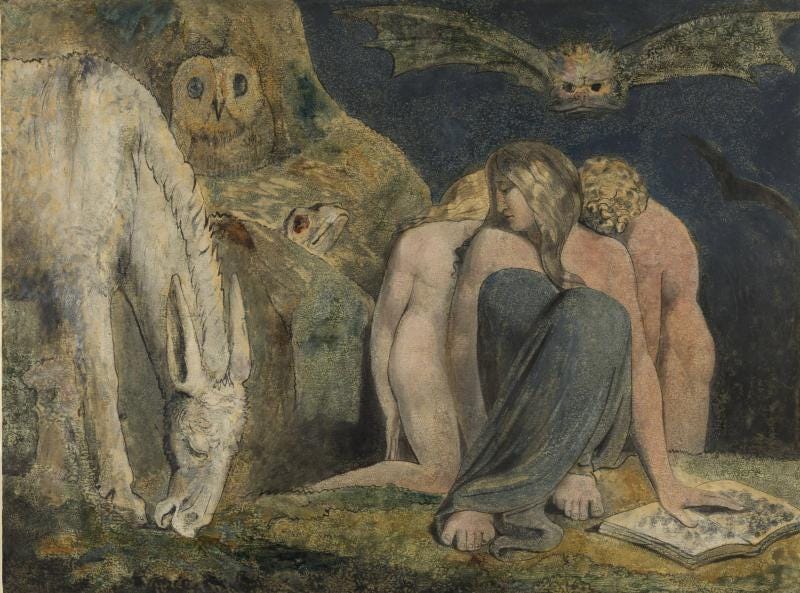 William Blake's Hecate, surrounded by creatures of the night — an owl, a bat, a toad — crouched in darkness with two figures behind her. A image of compulsion, inner torment, and the struggle to be free of forces that feel both external and deeply internal. William Blake's Hecate, surrounded by creatures of the night — an owl, a bat, a toad — crouched in darkness with two figures behind her. A image of compulsion, inner torment, and the struggle to be free of forces that feel both external and deeply internal.