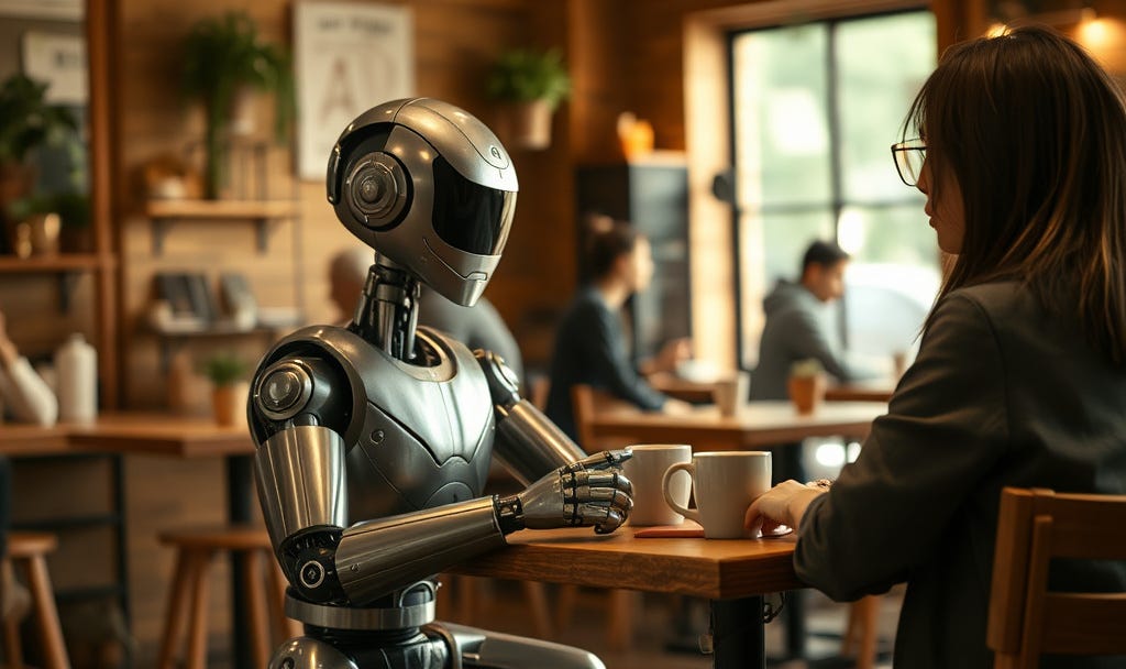 Woman and humanoid robot sit across from each other in a cozy rustic coffee shop, mid-conversation in warm natural light.