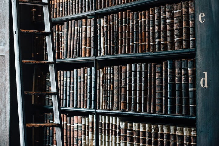 Royalty-Free photo: Assorted books on bookshelf beside ladder leaning on  wall | PickPik
