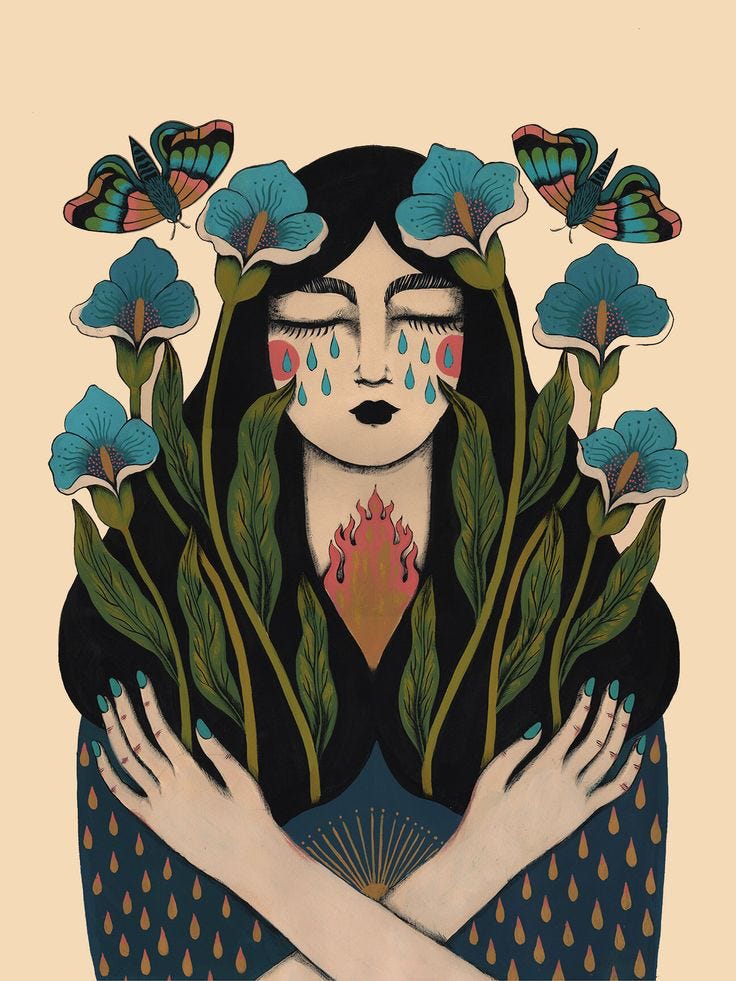 An illustration in a folk art style showing a person with long black hair and closed eyes, with turquoise teardrops falling from their eyes. They are surrounded by turquoise flowers and colorful butterflies. Their crossed hands are pale with turquoise nails, and they wear a dark patterned dress. A flame or fire symbol appears at their throat. The background is cream-colored, and the overall color palette consists of turquoise, black, cream, and coral accents. An illustration in a folk art style showing a person with long black hair and closed eyes, with turquoise teardrops falling from their eyes. They are surrounded by turquoise flowers and colorful butterflies. Their crossed hands are pale with turquoise nails, and they wear a dark patterned dress. A flame or fire symbol appears at their throat. The background is cream-colored, and the overall color palette consists of turquoise, black, cream, and coral accents.