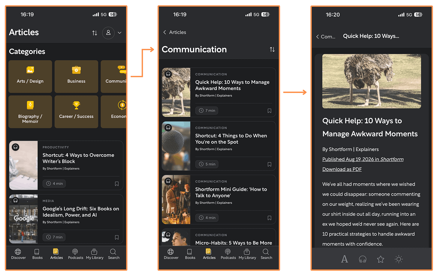 Shortform’s Articles (mobile app + dark mode) Shortform’s Articles (mobile app + dark mode)