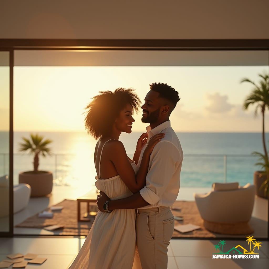 Couple in their mid-twenties, embracing and smiling, with a laptop and papers scattered around them, inside an ultra-modern Jamaican home with floor-to-ceiling windows offering breathtaking views of the Caribbean Sea, warm golden lighting spilling in, and a sleek minimalist interior design. The woman has curly dark hair and bright brown eyes, wearing a flowy white sundress, while the man has short dreadlocks and a bright smile, dressed in a crisp white shirt and linen pants. The atmosphere is filled with excitement and joy, as they've just received their Pre-Qualification for a mortgage. Shot on a virtual RED Raptor XL, with a cinematic film grain, subtle vignette, and a rich color grade reminiscent of 35mm film, the image exudes a sense of drama and intimacy, with deep shadows and vibrant colors. Inspired by the works of Terrence Malick, Wes Anderson, and Ryan Coogler, with a dash of Jamaican culture and vibrancy, this image is a true masterpiece of cinematic storytelling.