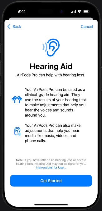 The Hearing Aid introduction screen
