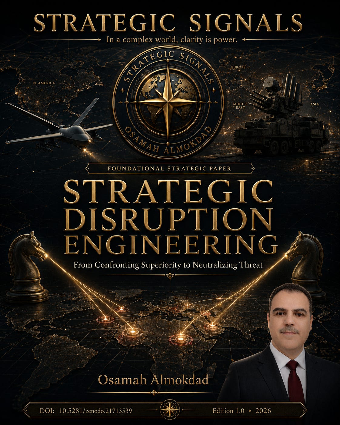 Cover artwork for Strategic Disruption Engineering by Osamah Almokdad, featuring the Strategic Signals seal, a military drone, an air-defense system, chess knights, and a networked world map. Cover artwork for Strategic Disruption Engineering by Osamah Almokdad, featuring the Strategic Signals seal, a military drone, an air-defense system, chess knights, and a networked world map.