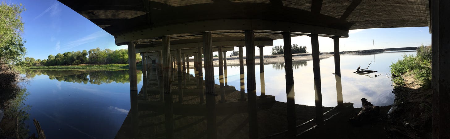 a panoramic photo of the Kings River, taken from under a bridge. Upstream, in the lefthand side of the photo, blue skies and riparian vegetation are visible on the banks. downstream of the bridge, on the righthand side of the photo, the ground on the banks is barren. the river has been channelised.