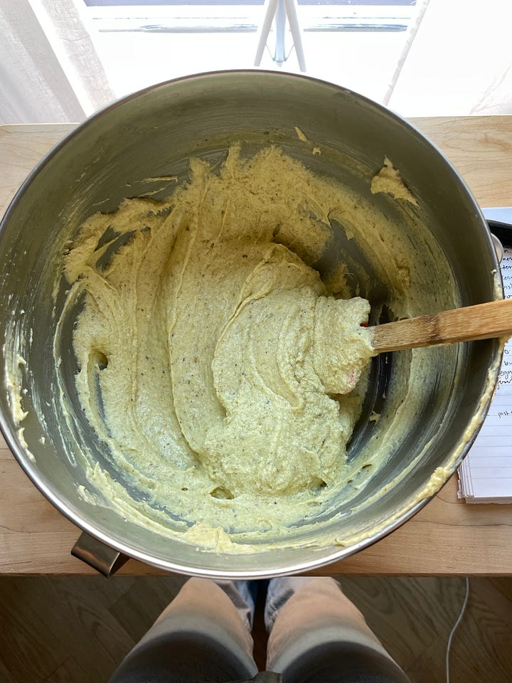 pistachio cake batter & whipped white chocolate ganache 