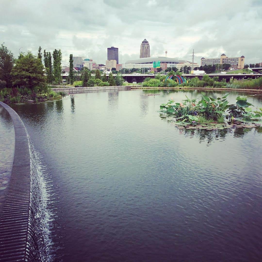 A view of downtown Des Moines over the lily pond, shot in 2015 and abused by Instagram filters