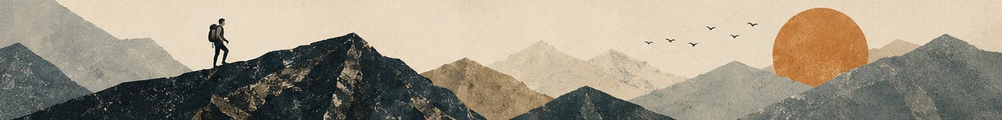 A person reads articles on a mountain ridge with distant peaks, birds flying overhead, and the sun low on the horizon.