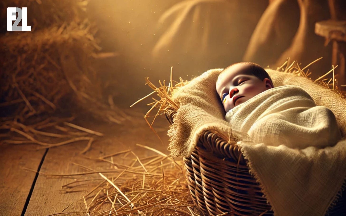 image of a baby sitting in a basket in a barn or stable setting