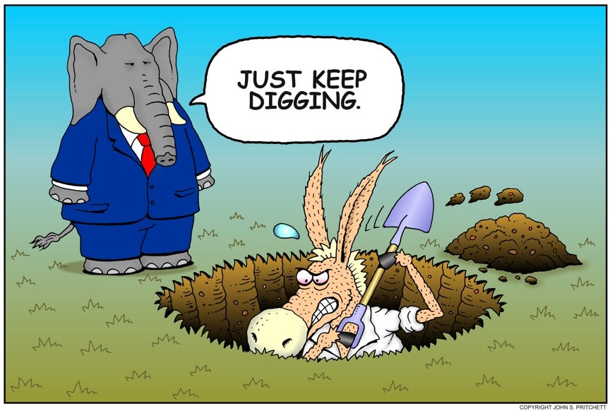 Democratic donkey keeps digging himself deeper in a hole cartoon, keep  digging yourself in a hole Democrat donkey color cartoon illustration,  donkey drawing, national political cartoon satire, editorial cartoon by  John Pritchett