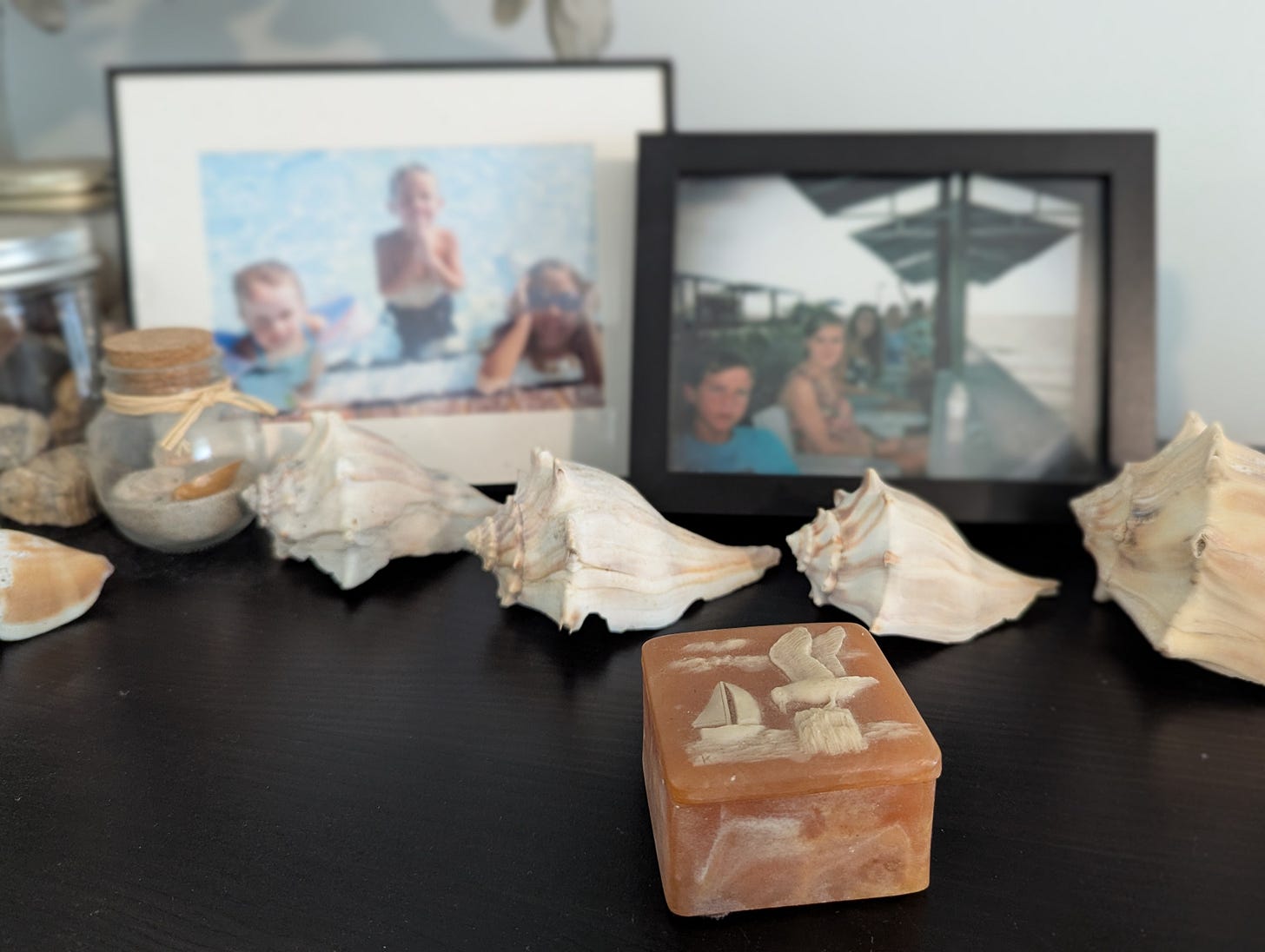 soapstone trinket box, shells, and family photos soapstone trinket box, shells, and family photos