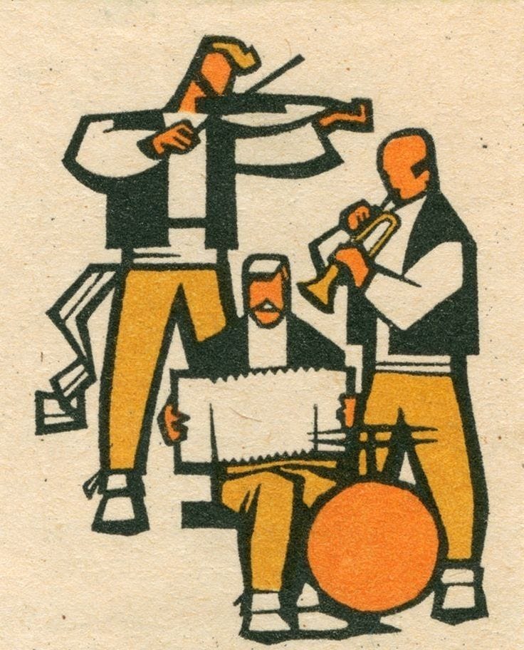 This may contain: an old poster with men playing musical instruments