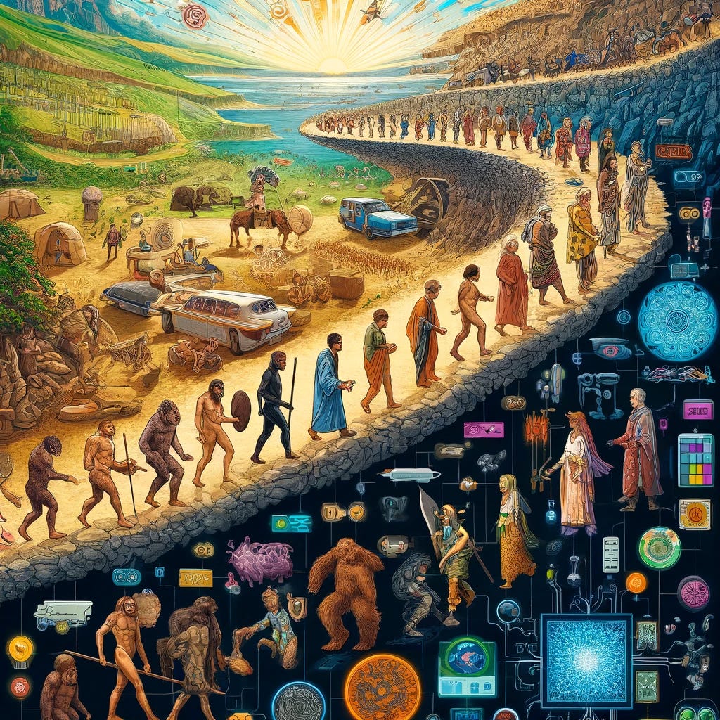 the image illustrating the themes from "A Brief History of Humankind" by Yuval Noah Harari. The visual captures a timeline from the Stone Age to the 21st century, highlighting significant events and revolutions, with symbolic icons representing each major epoch. This artistic representation shows the evolution of human dress and technology, set against a vibrant background that symbolizes the journey of human progress. the image illustrating the themes from "A Brief History of Humankind" by Yuval Noah Harari. The visual captures a timeline from the Stone Age to the 21st century, highlighting significant events and revolutions, with symbolic icons representing each major epoch. This artistic representation shows the evolution of human dress and technology, set against a vibrant background that symbolizes the journey of human progress.