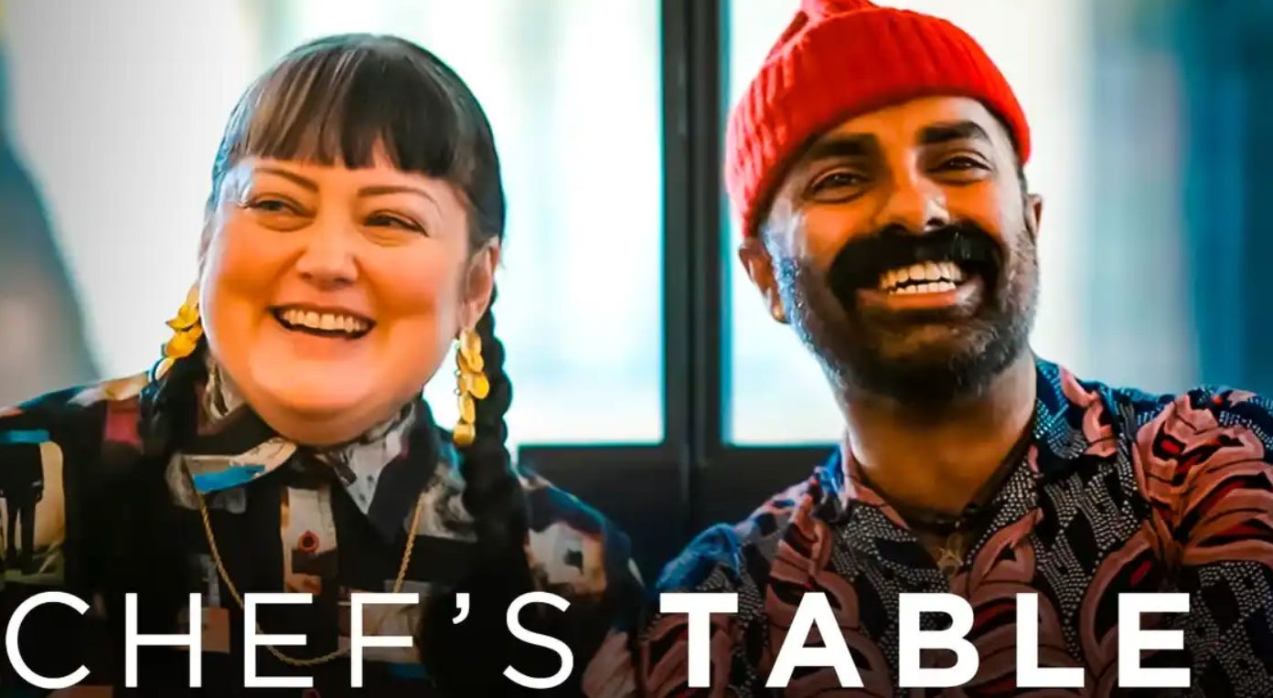 an image of Norma Listman and Saqib Keval smiling from a screenshot of their Chef's Table episode