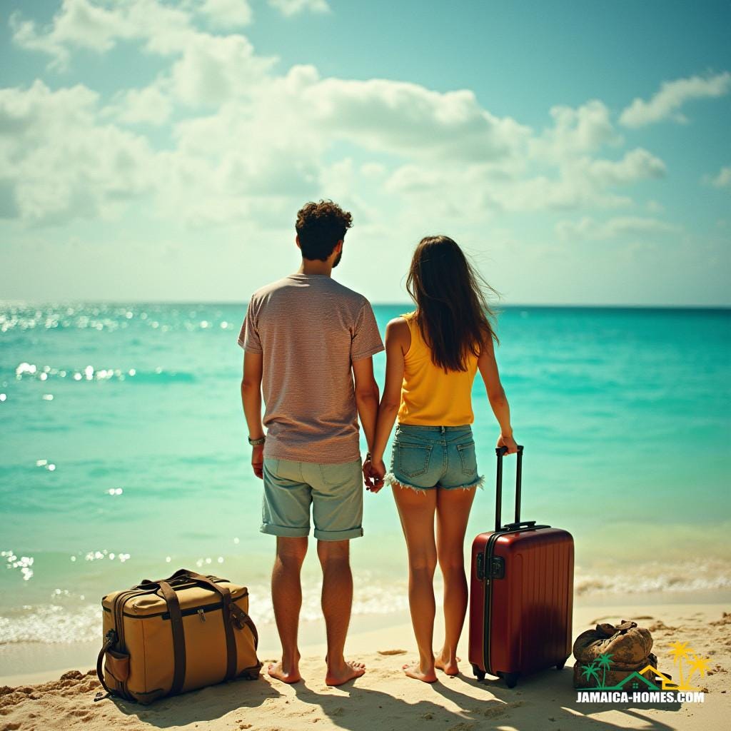 Young couple in their early twenties, dressed in casual, vibrant clothing, standing at the edge of a sun-kissed Jamaican beach, with a stunning turquoise ocean stretching out before them, their faces a mix of exhilaration and trepidation as they gaze out at their new surroundings, with a few suitcases and bags scattered around them, cinematically lit with warm, golden tones