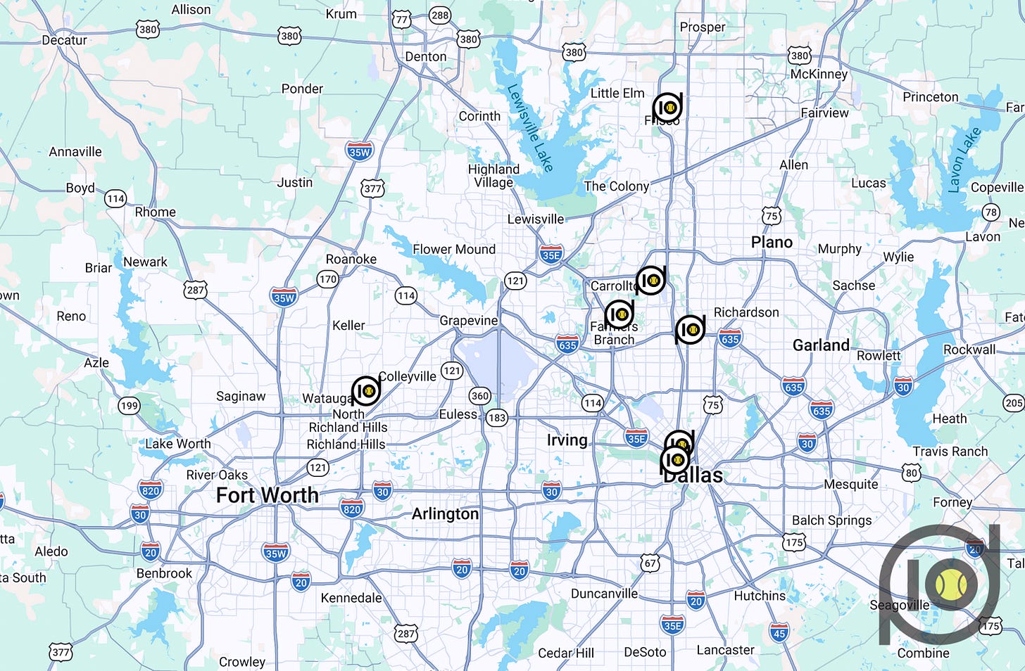 Map showing padel clubs in Dallas-Fort Worth area