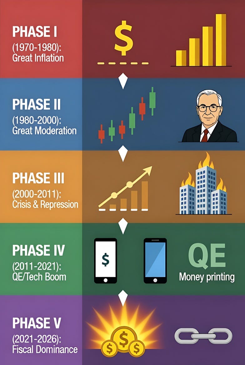 A data visualization infographic of economic phases from 1970 to 2026, with color-coded zones and symbolic icons. A data visualization infographic of economic phases from 1970 to 2026, with color-coded zones and symbolic icons.