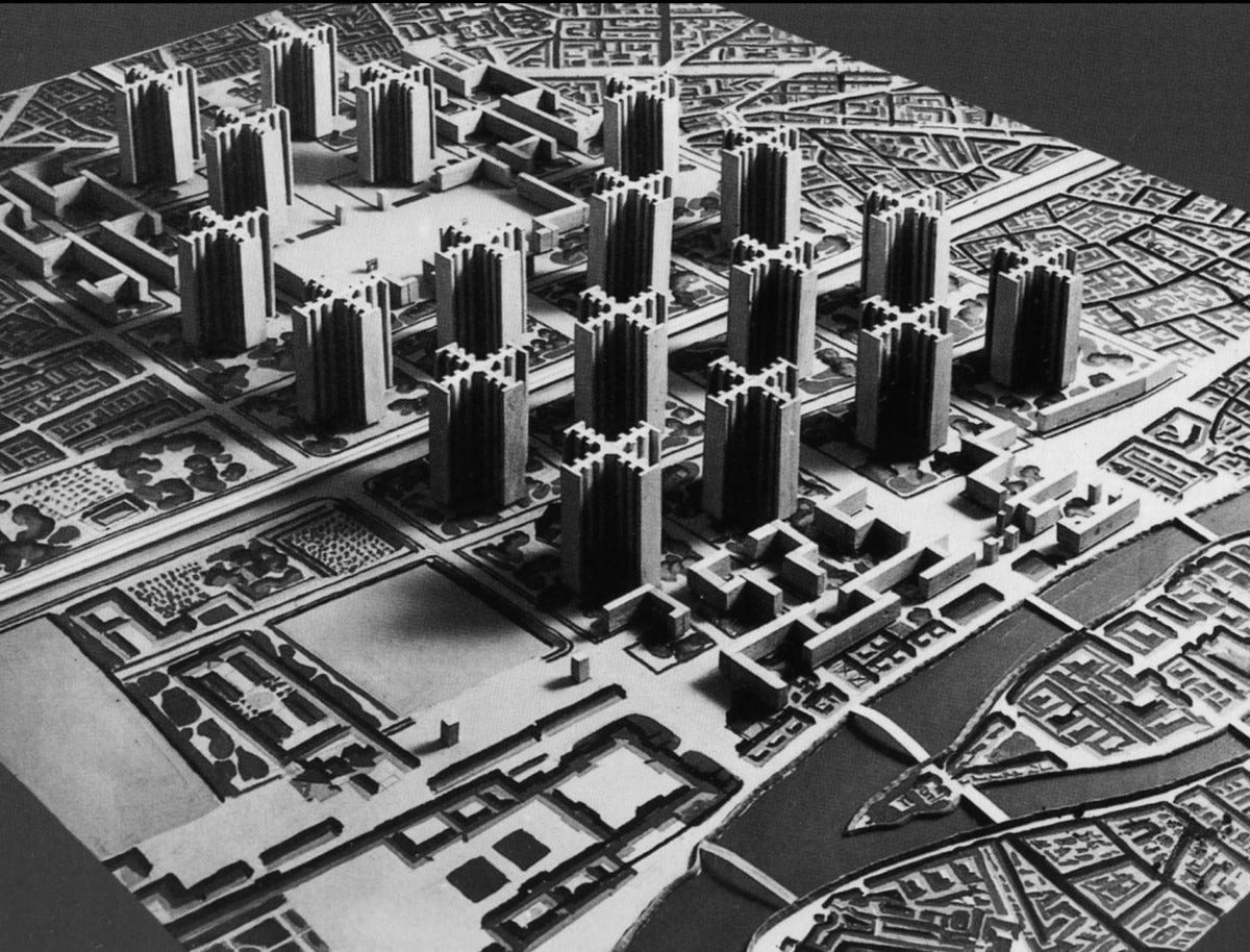 Le Corbusier’s “Plan Voisin” in 1925 to replace the historical center of Paris