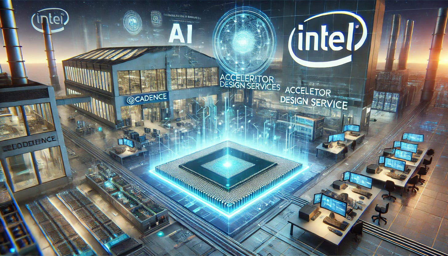 A 16:9 futuristic illustration showcasing Cadence’s collaboration with Intel Foundry through the Accelerator Design Services Alliance. The scene features a high-tech semiconductor design lab where engineers use Cadence-branded AI-driven software to optimize chip designs for Intel Foundry. In the foreground, a glowing semiconductor wafer symbolizes next-generation chip innovation. Holographic overlays highlight the partnership’s impact on advanced design services and cutting-edge fabrication. The background features an Intel Foundry facility, reinforcing the collaboration between Cadence and Intel in shaping the future of semiconductor manufacturing.