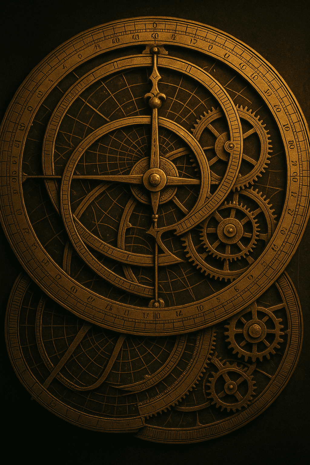 Intricate golden astrolabe and celestial gear mechanisms against a dark, starry background, symbolizing algorithmic control and surveillance.