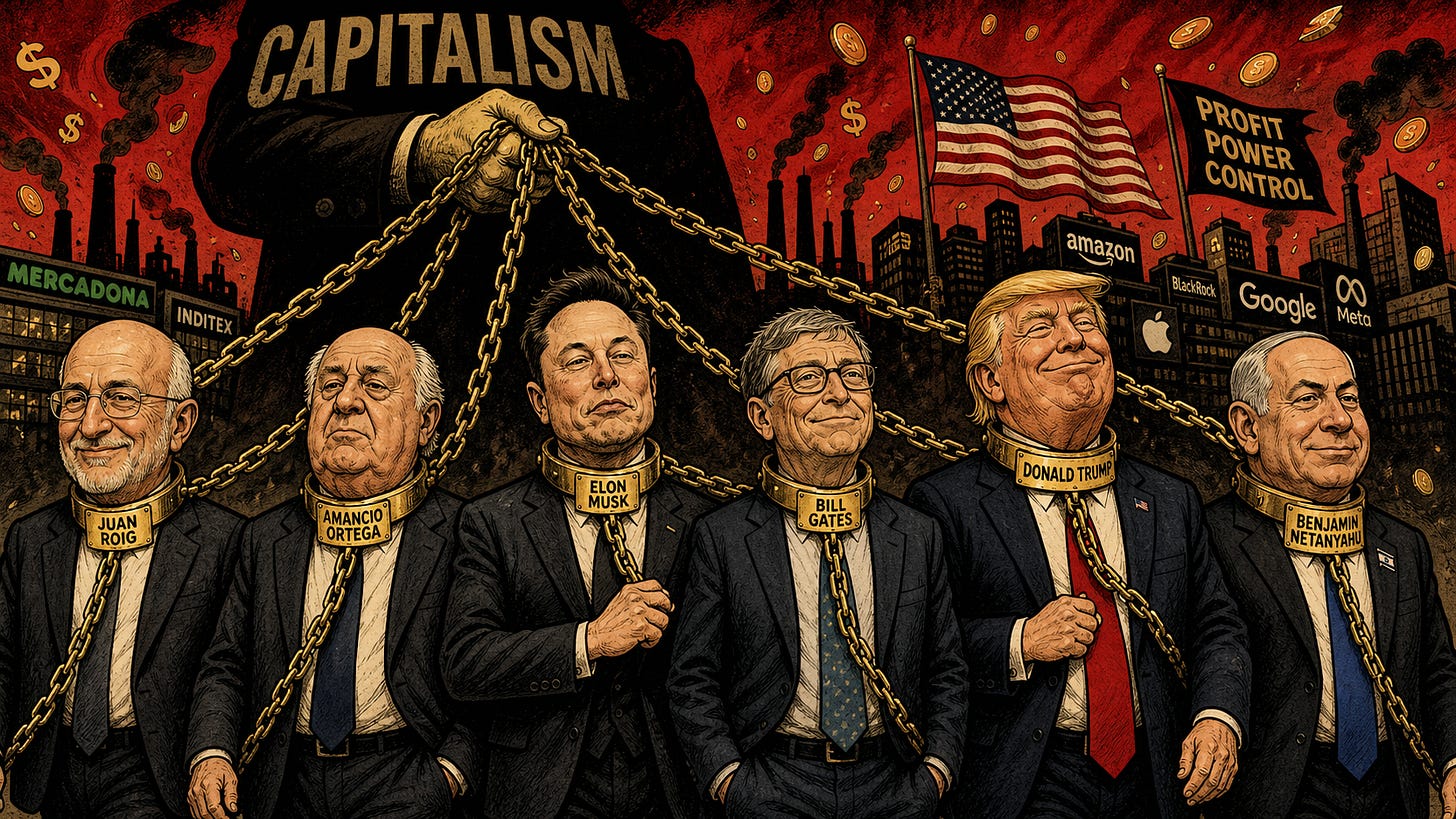 Los perros del sistema: Roig, Ortega, Musk, Gates, Trump y Netanyahu con sus collares. Los perros del sistema: Roig, Ortega, Musk, Gates, Trump y Netanyahu con sus collares.
