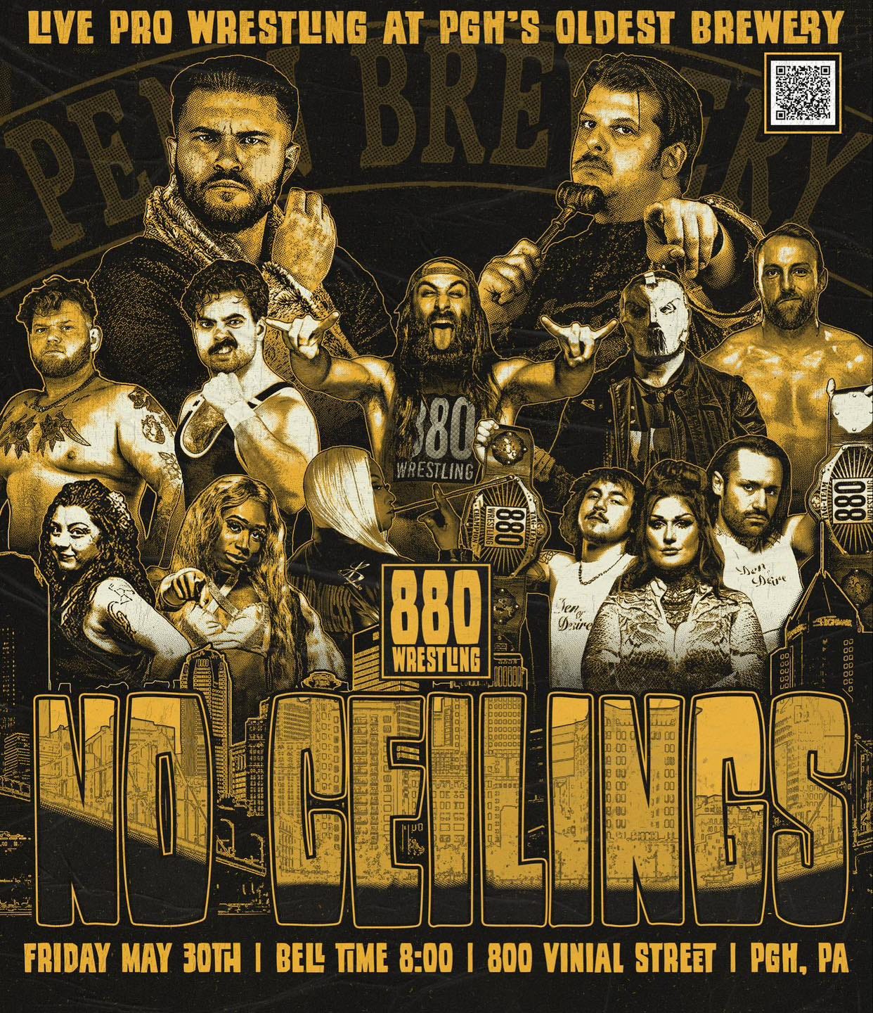 May be an image of text that says 'LVE PRO WRESTLNG AT PGH'S OLDEST BREWERY :္ထ het stire Ten Drire 880 WRESTLNG FRIDAY MAY 3OTA I BEL TME 8:00 I 800 VINIAL STREET I PGH. PA'
