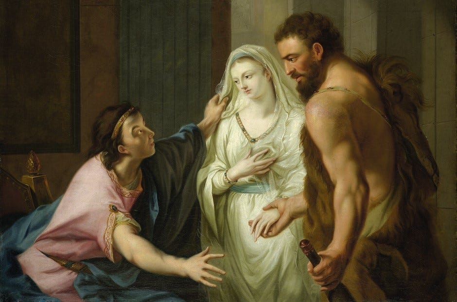 King Admetus recognises Alcestis, who has been led from the underworld by Hercules
